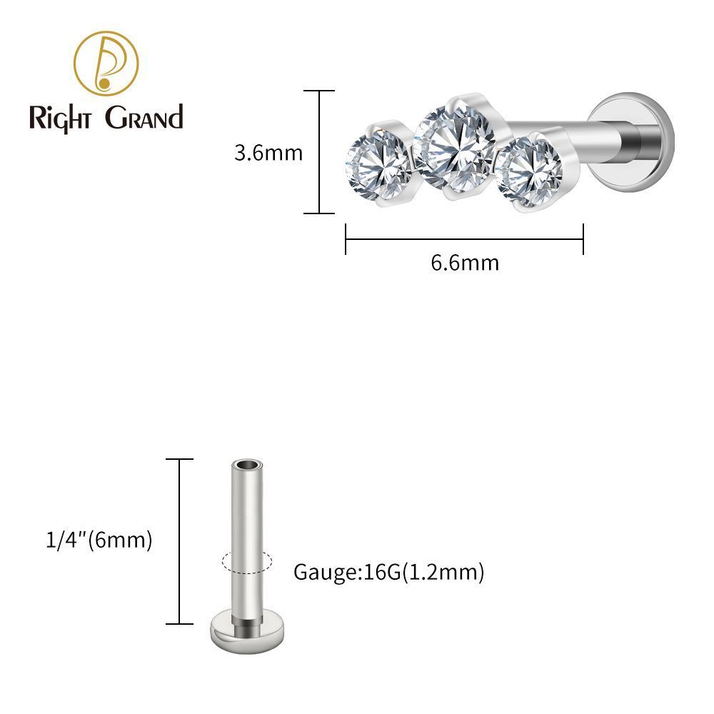 Right Grand Titanium 16G/18G Threadless Push Pin Triple CZ Cluster Cartilage Earring 16G Mini CZ Labret Tragus Helix Medusa Flat Back Piercing