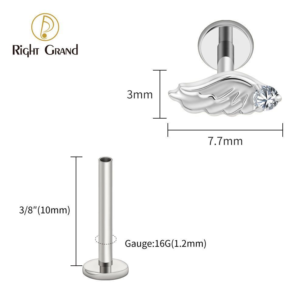 Right Grand Titanium Internal Thread CZ Wing Labret Ring 16G Flat Back Cartilage Stud Earring Conch Helix Lip Piercing Jewelry