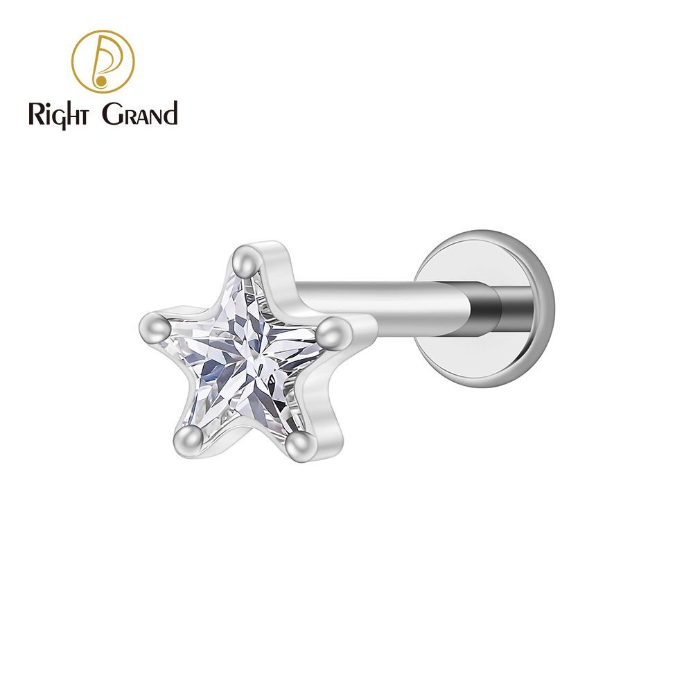 Right Grand Titanium 16G/18G Threadless Push Pin Star CZ Flat Back Stud Earring 16G Helix Tragus Cartilage Lip Piercing