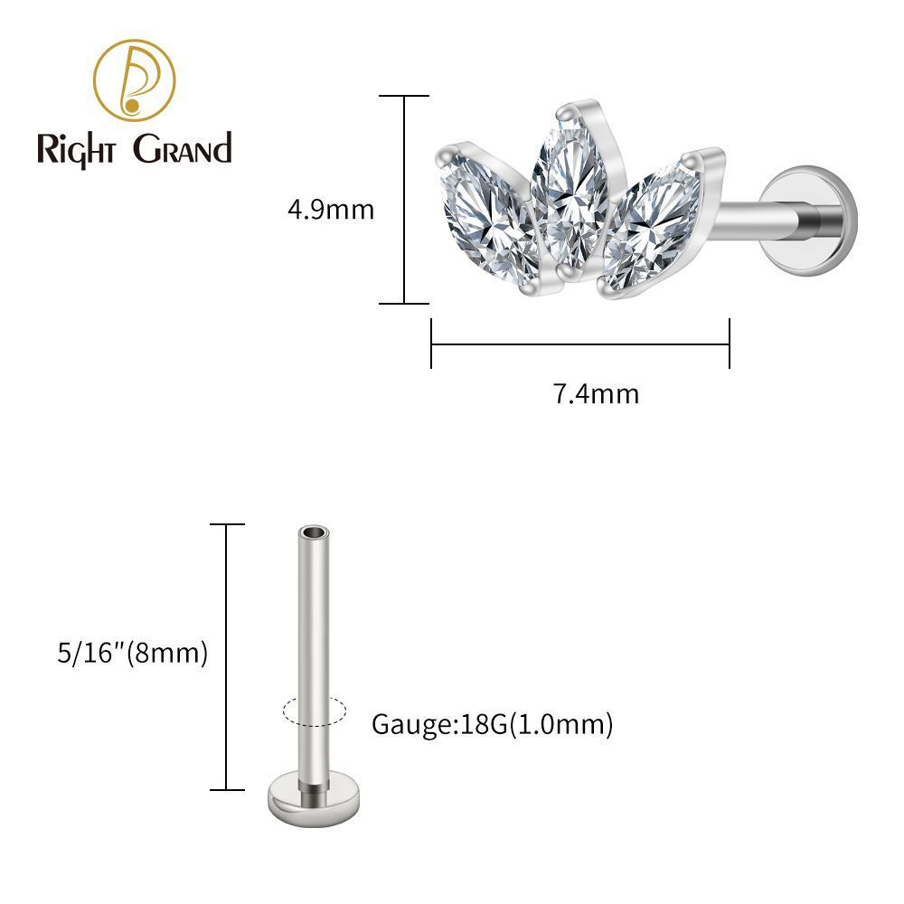 Right Grand Titanium 16G/18G Threadless Push Pin Triple Marquise CZ Stud Earring 16G Trinity Lotus Opal Cluster Cartilage Helix Tragus Piercing