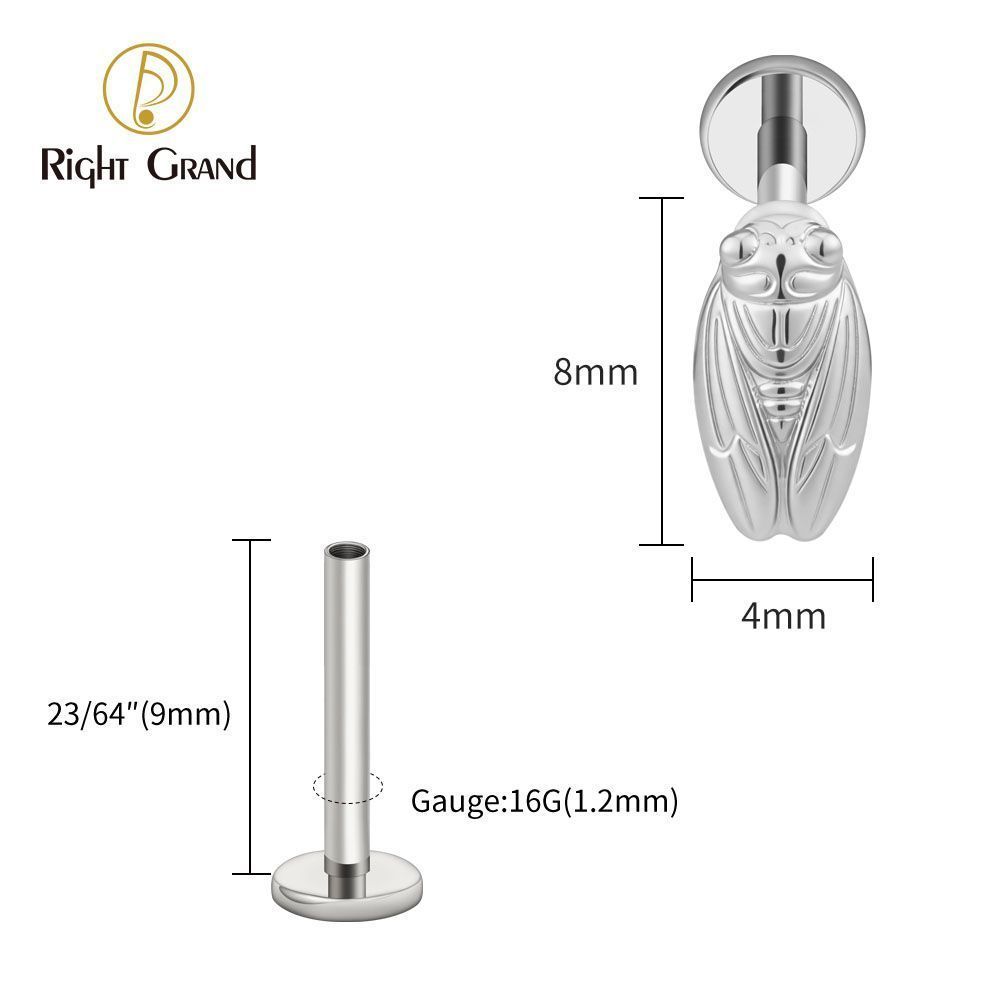 Right Grand Titanium Internal Thread Summer Cicada Labret Ring 16G Flat Back Cartilage Stud Earring Conch Helix Lip Piercing Jewelry