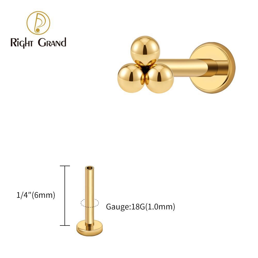 Right Grand Titanium 18G/16G Threadless Push Pin Labret Stud Trinity Beads Tragus Piercing Labret Studs