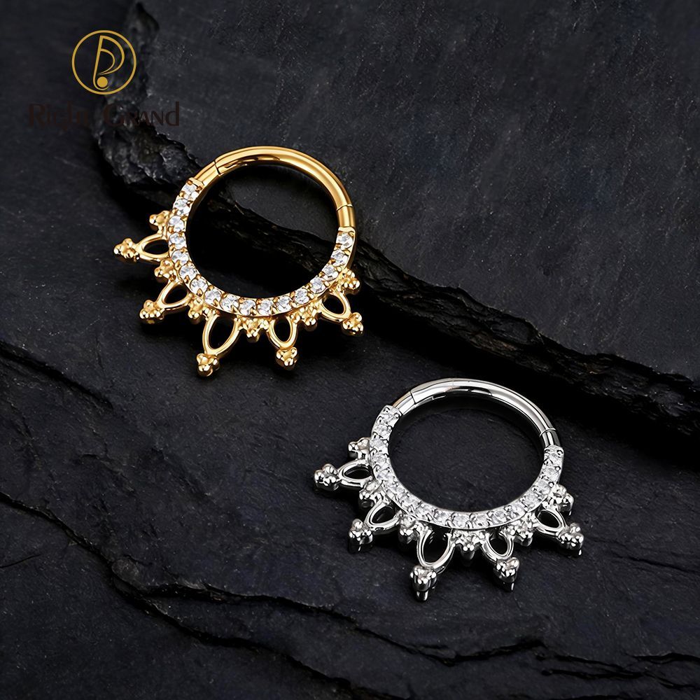 Right Grand Titanium 16G CZ Beads Sparkling Hinged Clicker Segment Hoop Ring Daith Earring Septem Nose Piercing