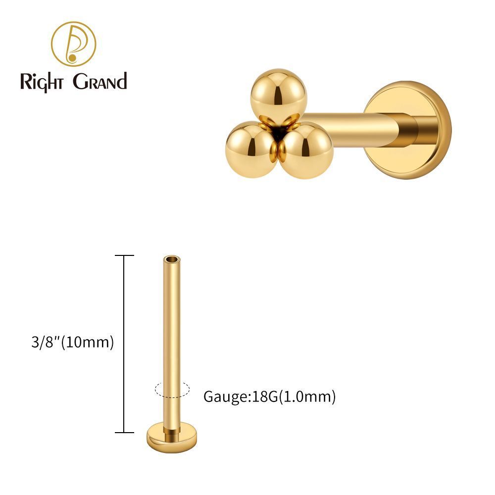 Right Grand Titanium 18G/16G Threadless Push Pin Labret Stud Trinity Beads Tragus Piercing Labret Studs