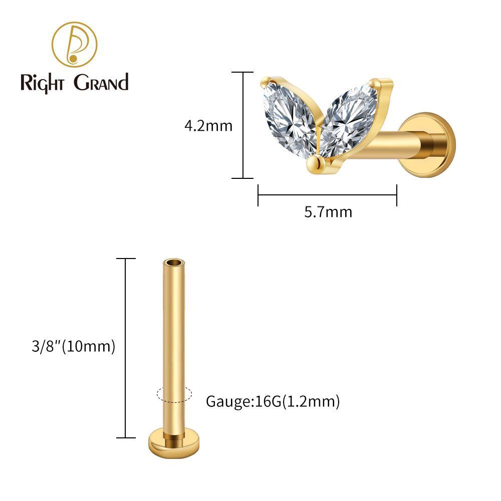 Right Grand Titanium 16G/18G Threadless Push Pin Tiny Double Marquise CZ Labret Stud Earring 16G Heart CZ Cartilage Helix Tragus Conch Piercing