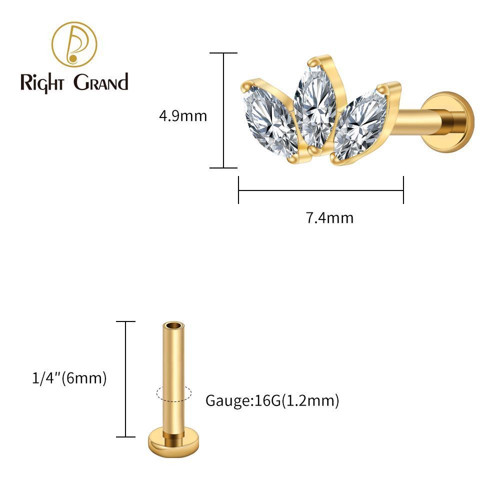 Right Grand Titanium 16G/18G Threadless Push Pin Triple Marquise CZ Stud Earring 16G Trinity Lotus Opal Cluster Cartilage Helix Tragus Piercing
