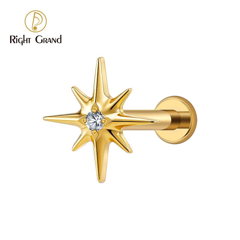 Right Grand Titanium 16G/18G Threadless Push Pin Sparkling CZ North Star Stud Earring Labret Cartilage Tragus Helix Conch Lobe Piercing