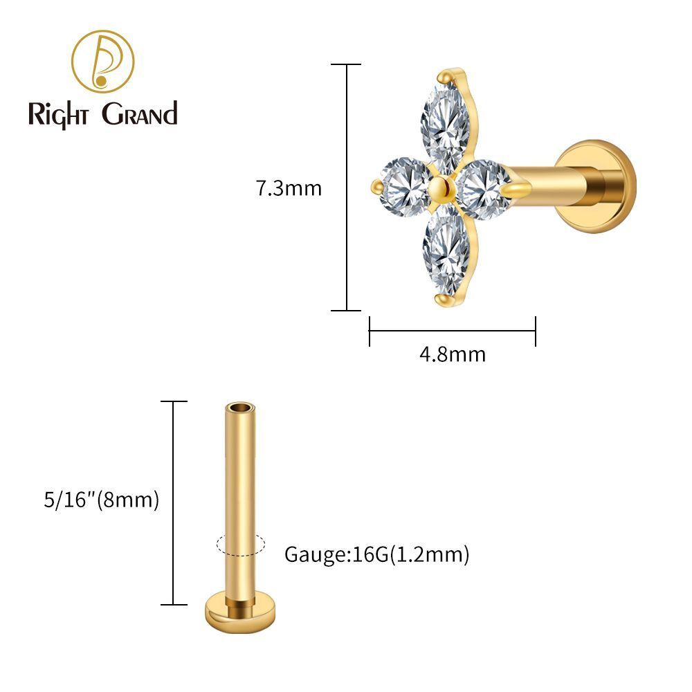 Right Grand Titanium 16G/18G Threadless Push Pin Prong Set CZ Flower Marquise Stud Earring Tragus Helix Cartilage Piercing