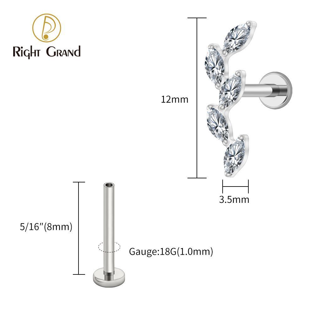 Right Grand Titanium 16G/18G Threadless Push Pin 5 Marquise CZ Labret Stud Helix Conch Cartilage Tragus Flat Back Piercing