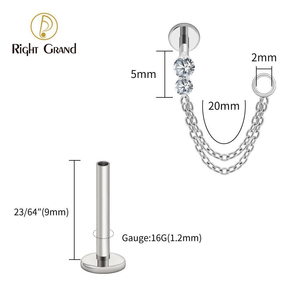 Right Grand Titanium Internal Thread CZ Double Chain Connect Ring Labret Ring 16G Flat Back Cartilage Stud Earring Conch Helix Lip Piercing Jewelry