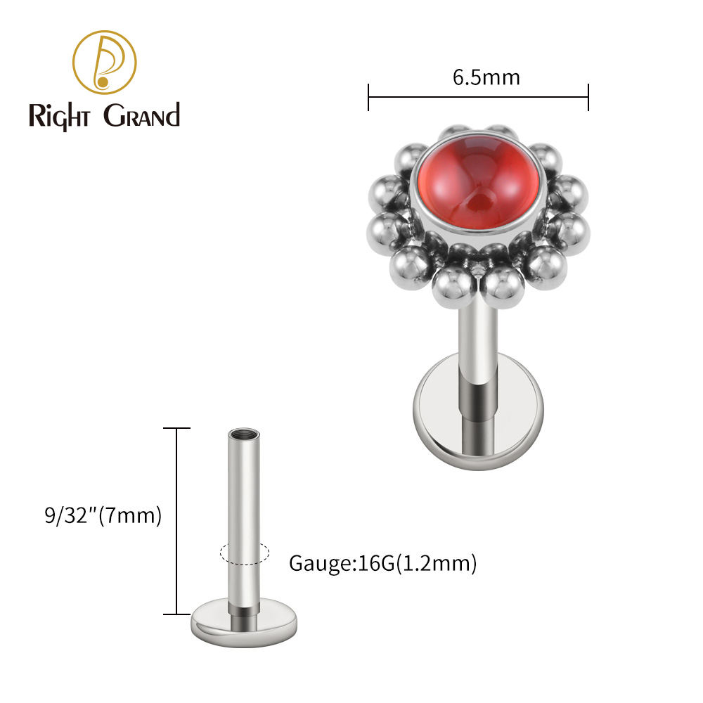 Right Grand ASTM F136 Titanium 16G Flower Labret Stud Earring with Natural Stone Helix Cartilage Tragus Conch Piercing