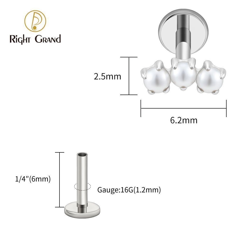 Right Grand Titanium Internal Thread Triple Tiny Pearl Labret Ring 16G Flat Back Cartilage Stud Earring Conch Helix Lip Piercing Jewelry