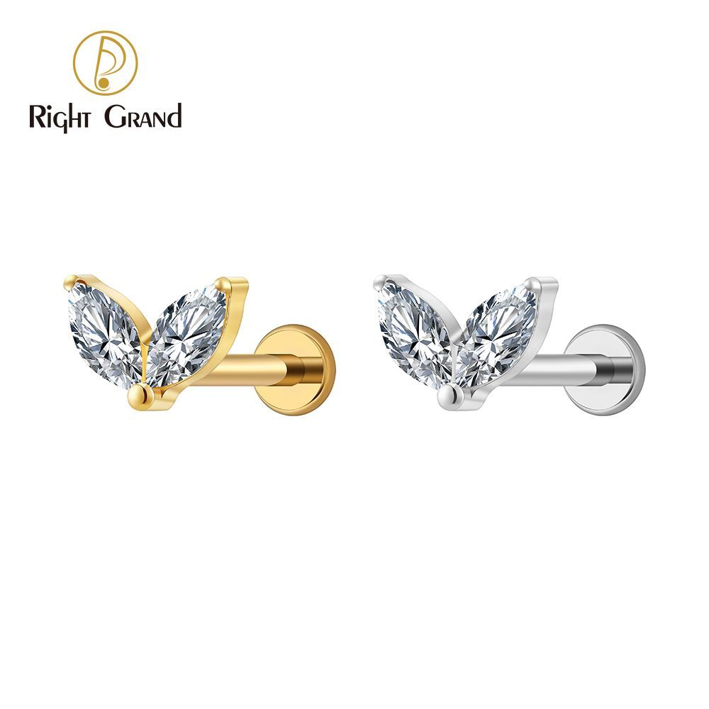 Right Grand Titanium 16G/18G Threadless Push Pin Tiny Double Marquise CZ Labret Stud Earring 16G Heart CZ Cartilage Helix Tragus Conch Piercing