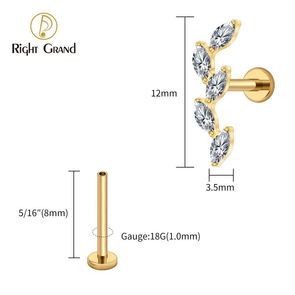 Right Grand Titanium 16G/18G Threadless Push Pin 5 Marquise CZ Labret Stud Helix Conch Cartilage Tragus Flat Back Piercing
