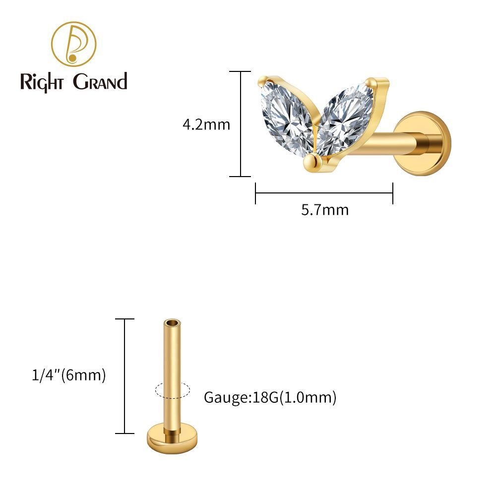 Right Grand Titanium 16G/18G Threadless Push Pin Tiny Double Marquise CZ Labret Stud Earring 16G Heart CZ Cartilage Helix Tragus Conch Piercing