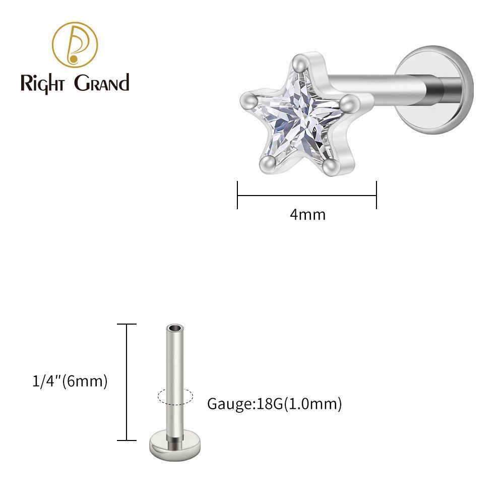 Right Grand Titanium 16G/18G Threadless Push Pin Star CZ Flat Back Stud Earring 16G Helix Tragus Cartilage Lip Piercing