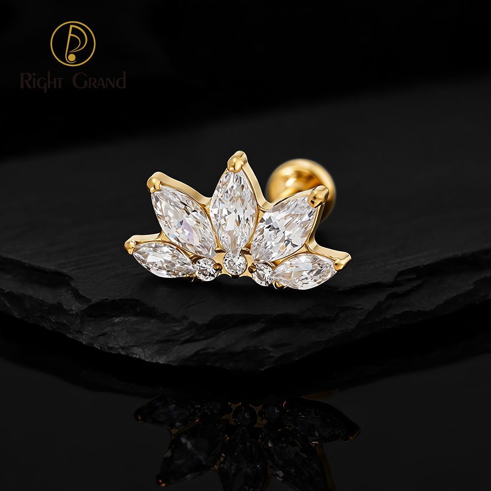 Right Grand Titanium 16G/18G Threadless Push Pin Marquise Lotus CZ Flower Flat Back Stud Labret Tragus Helix Cartilage Conch Earring Piercing