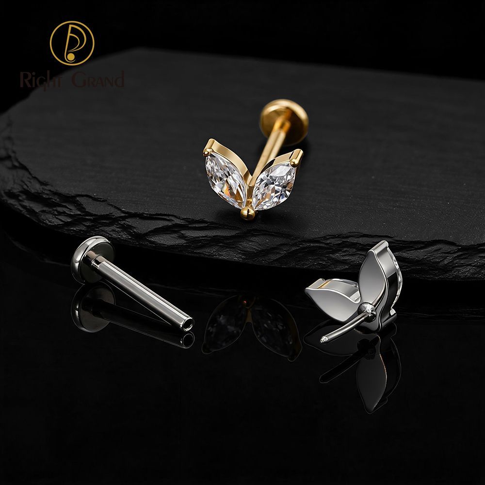 Right Grand Titanium 16G/18G Threadless Push Pin Tiny Double Marquise CZ Labret Stud Earring 16G Heart CZ Cartilage Helix Tragus Conch Piercing
