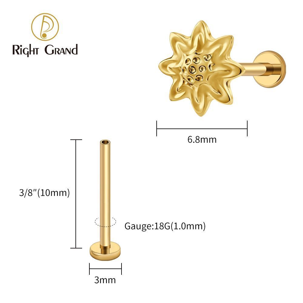 Right Grand Titanium 16G/18G Threadless Push Pin Daisy Flower Labret Ring 16G Flat Back Cartilage Stud Earring Conch Helix Lip Piercing Jewelry