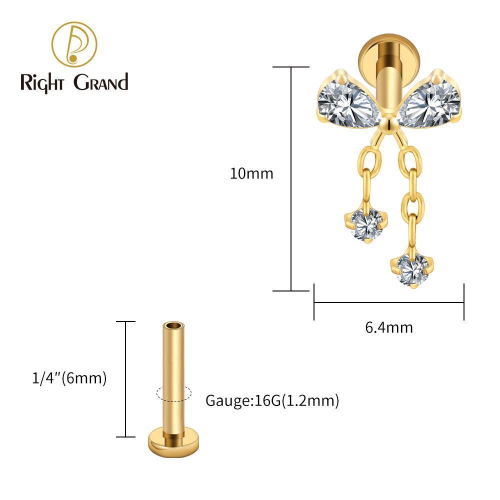 Right Grand Titanium 16G/18G Threadless Push Pin Bowknot CZ Dangle Chain Labret Ring 16G Flat Back Cartilage Stud Earring Conch Helix Lip Piercing Jewelry