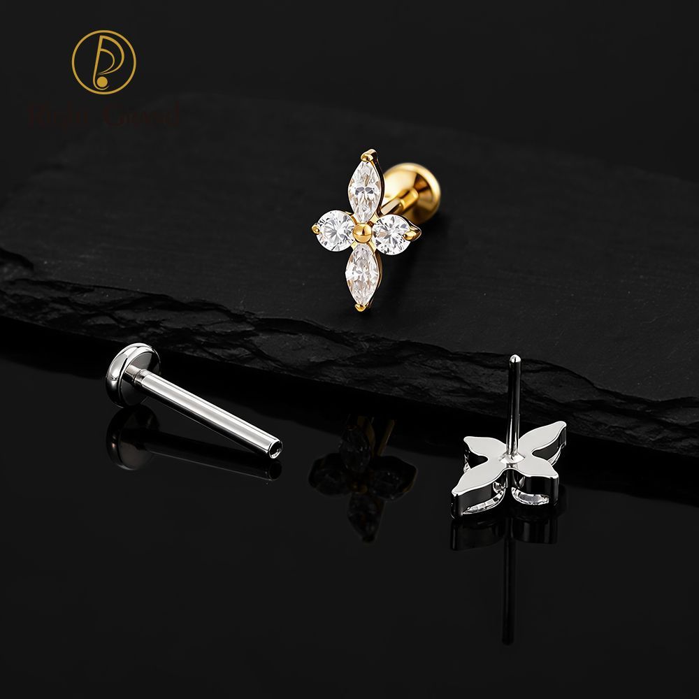 Right Grand Titanium 16G/18G Threadless Push Pin Prong Set CZ Flower Marquise Stud Earring Tragus Helix Cartilage Piercing