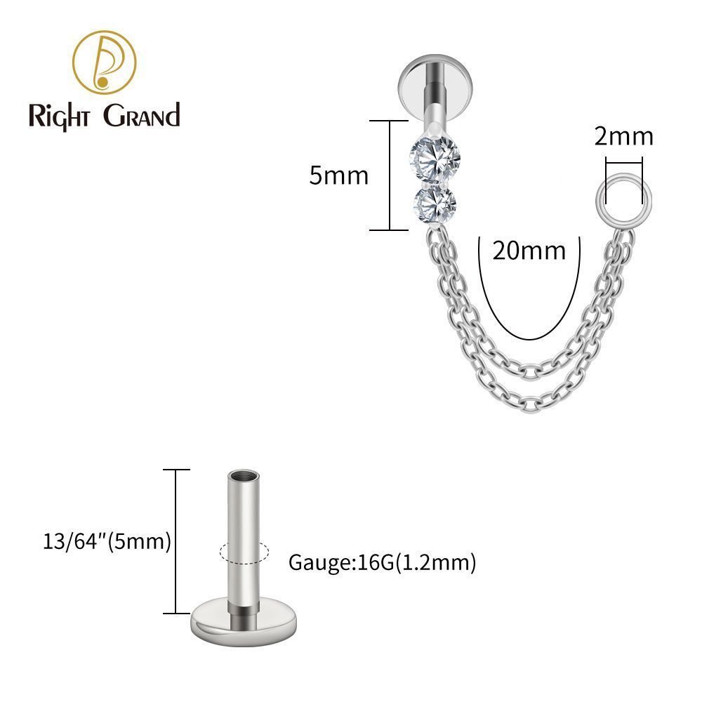 Right Grand Titanium Internal Thread CZ Double Chain Connect Ring Labret Ring 16G Flat Back Cartilage Stud Earring Conch Helix Lip Piercing Jewelry