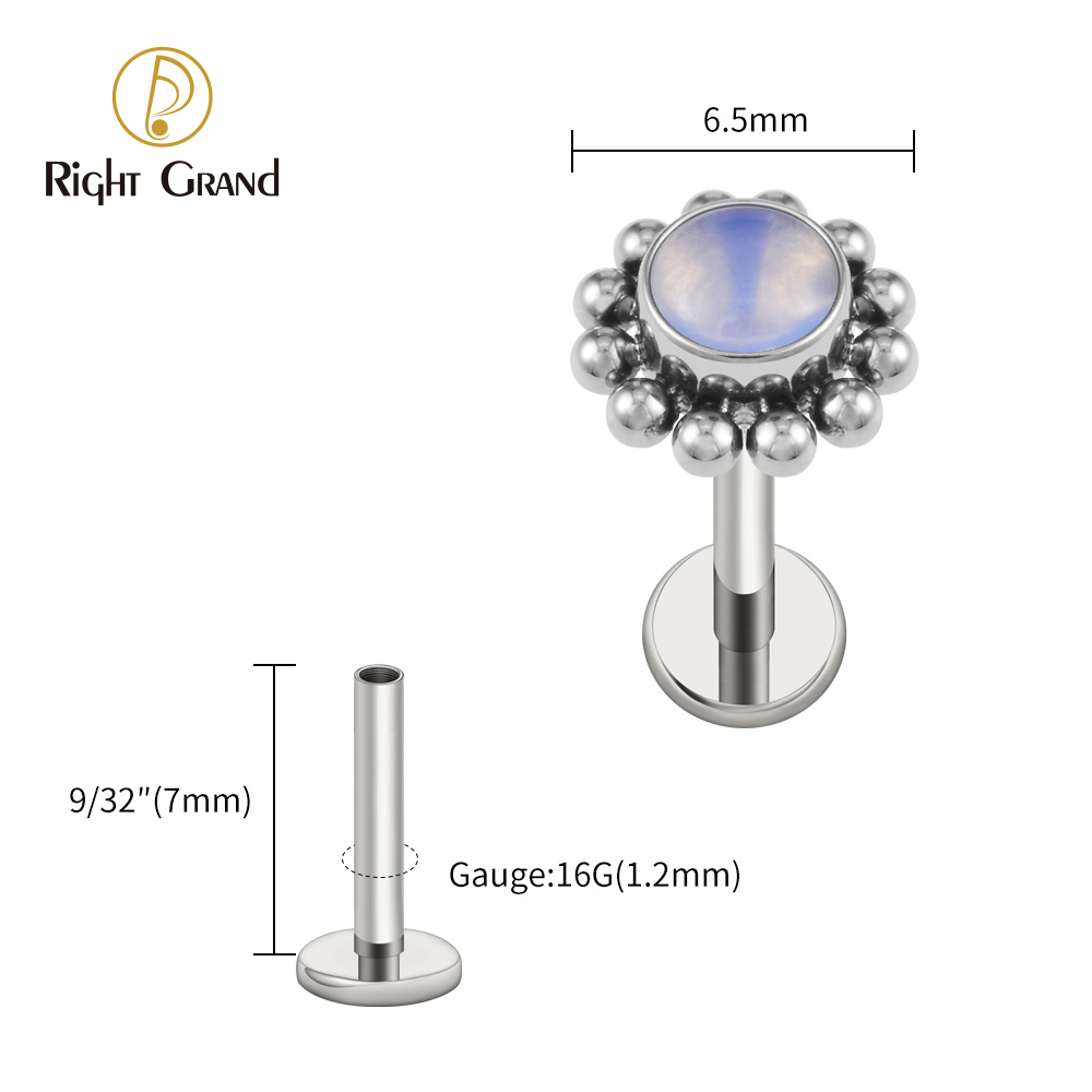 Right Grand ASTM F136 Titanium 16G Flower Labret Stud Earring with Natural Stone Helix Cartilage Tragus Conch Piercing
