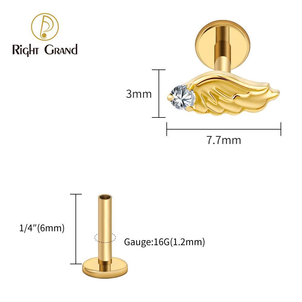 Right Grand Titanium Internal Thread CZ Wing Labret Ring 16G Flat Back Cartilage Stud Earring Conch Helix Lip Piercing Jewelry