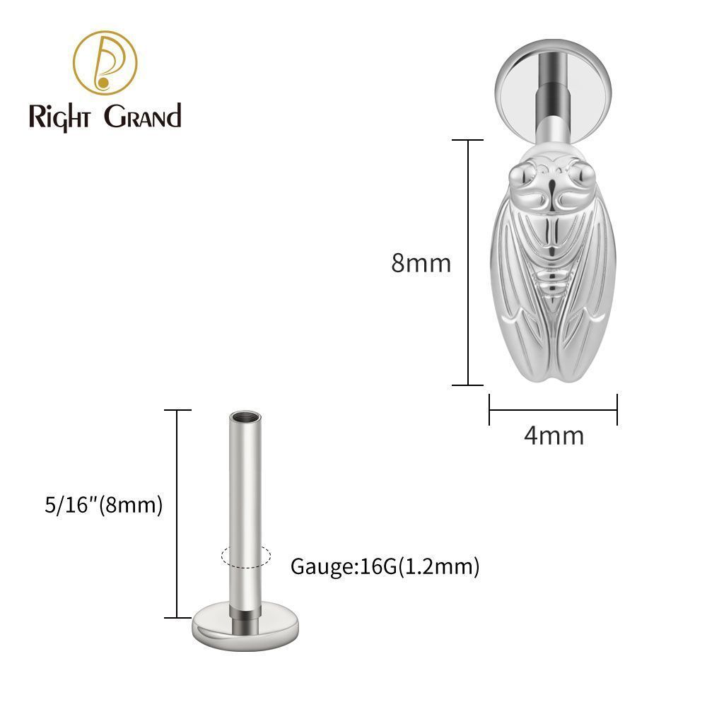 Right Grand Titanium Internal Thread Summer Cicada Labret Ring 16G Flat Back Cartilage Stud Earring Conch Helix Lip Piercing Jewelry
