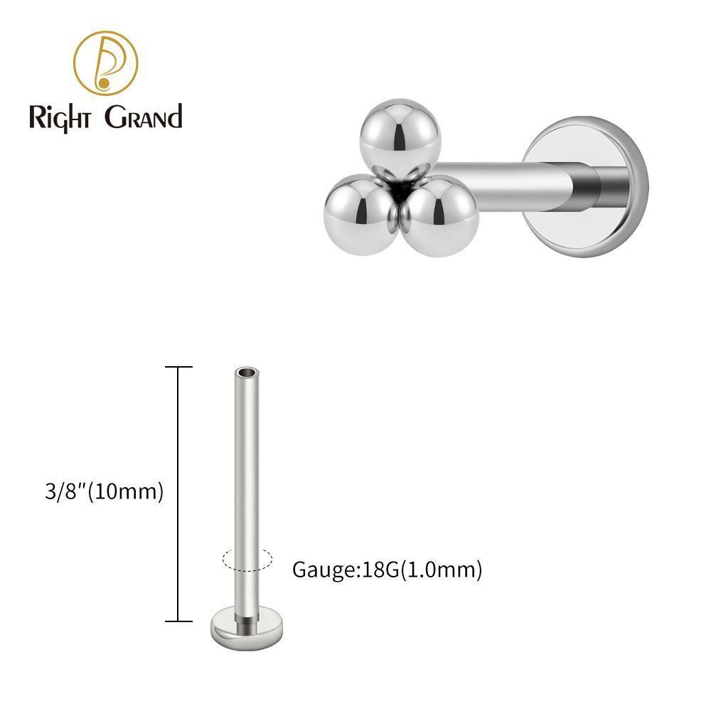 Right Grand Titanium 18G/16G Threadless Push Pin Labret Stud Trinity Beads Tragus Piercing Labret Studs