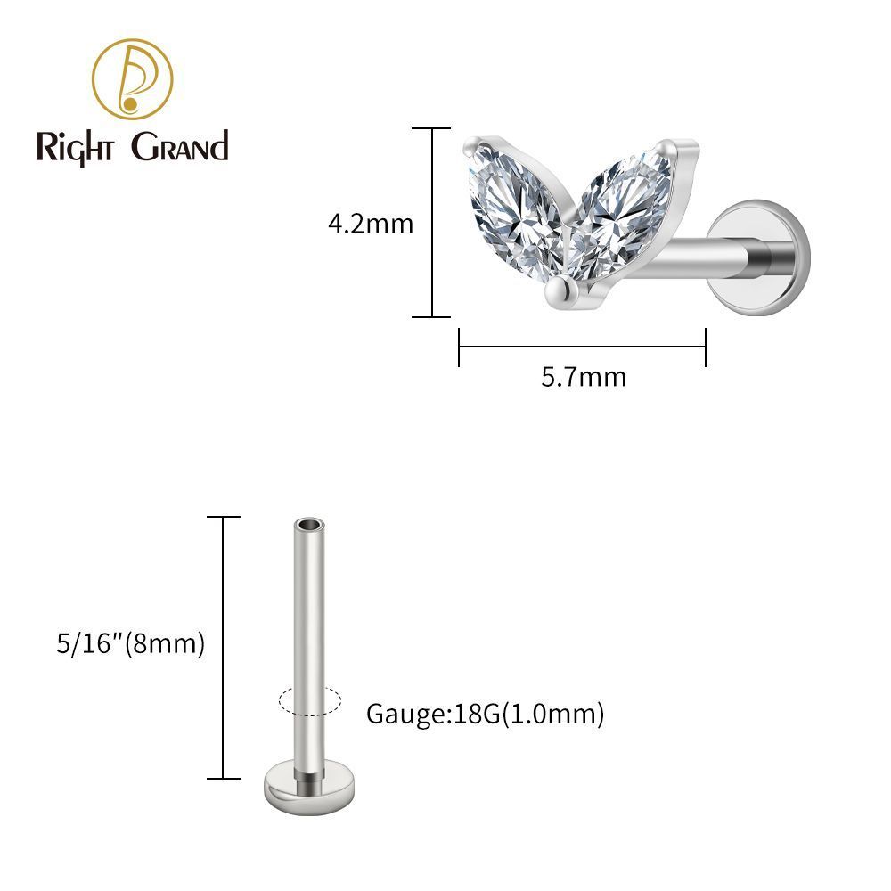 Right Grand Titanium 16G/18G Threadless Push Pin Tiny Double Marquise CZ Labret Stud Earring 16G Heart CZ Cartilage Helix Tragus Conch Piercing