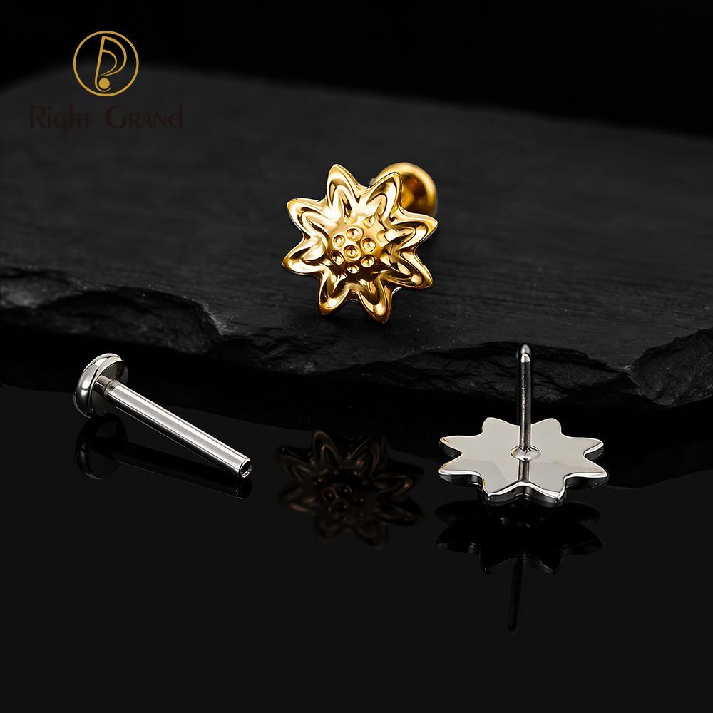 Right Grand Titanium 16G/18G Threadless Push Pin Daisy Flower Labret Ring 16G Flat Back Cartilage Stud Earring Conch Helix Lip Piercing Jewelry