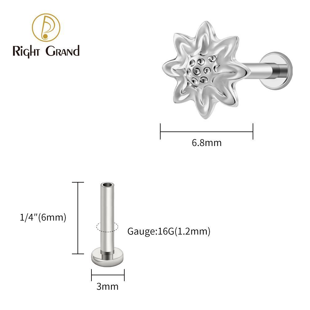 Right Grand Titanium 16G/18G Threadless Push Pin Daisy Flower Labret Ring 16G Flat Back Cartilage Stud Earring Conch Helix Lip Piercing Jewelry