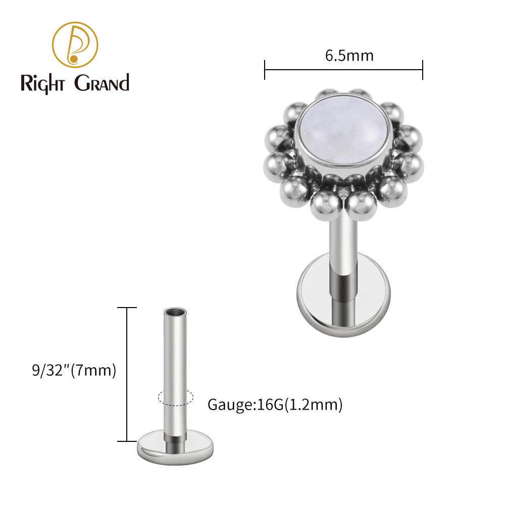 Right Grand ASTM F136 Titanium 16G Flower Labret Stud Earring with Natural Stone Helix Cartilage Tragus Conch Piercing