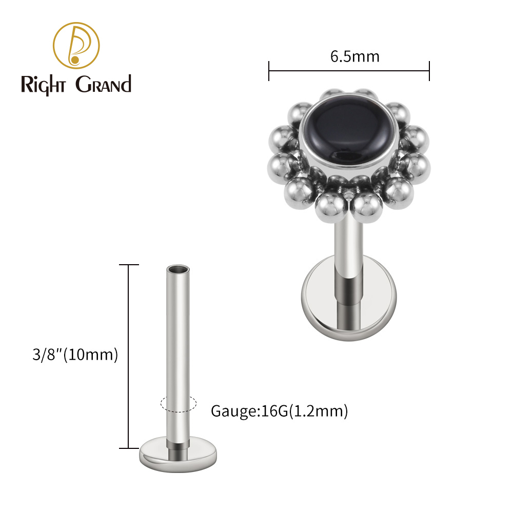 Right Grand ASTM F136 Titanium 16G Flower Labret Stud Earring with Natural Stone Helix Cartilage Tragus Conch Piercing