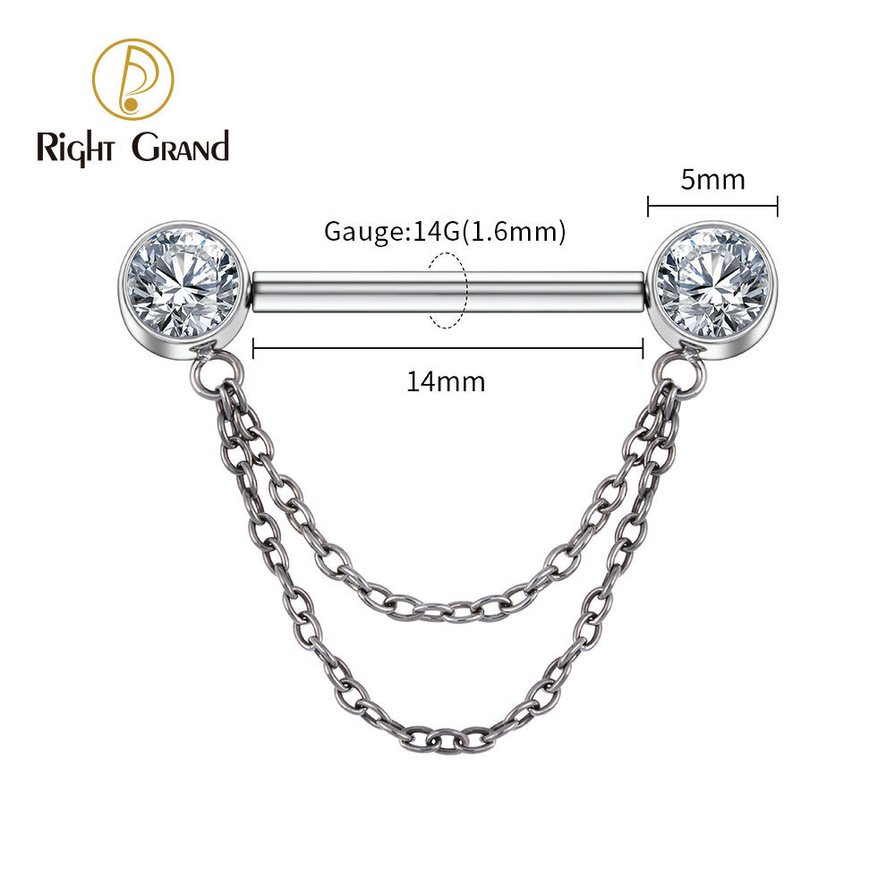 Right Grand ASTM F136 Titanium Double Chain Dangle Sparkle CZ Threadless Nipple Ring 14 Gauge Barbell Piercing