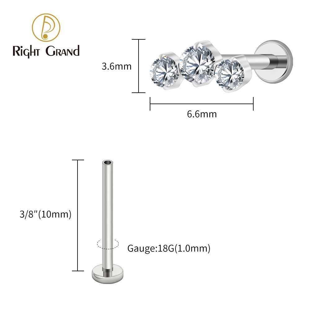 Right Grand Titanium 16G/18G Threadless Push Pin Triple CZ Cluster Cartilage Earring 16G Mini CZ Labret Tragus Helix Medusa Flat Back Piercing
