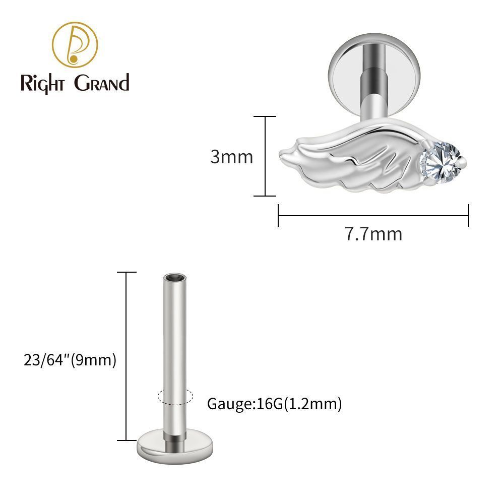 Right Grand Titanium Internal Thread CZ Wing Labret Ring 16G Flat Back Cartilage Stud Earring Conch Helix Lip Piercing Jewelry