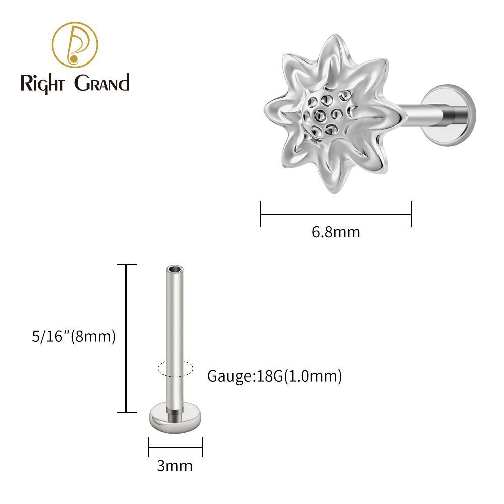 Right Grand Titanium 16G/18G Threadless Push Pin Daisy Flower Labret Ring 16G Flat Back Cartilage Stud Earring Conch Helix Lip Piercing Jewelry