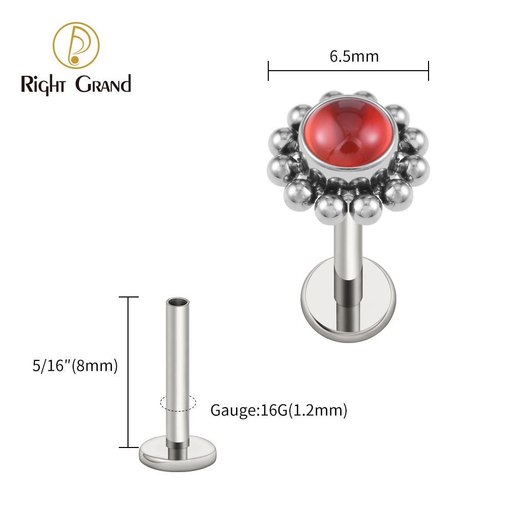 Right Grand ASTM F136 Titanium 16G Flower Labret Stud Earring with Natural Stone Helix Cartilage Tragus Conch Piercing