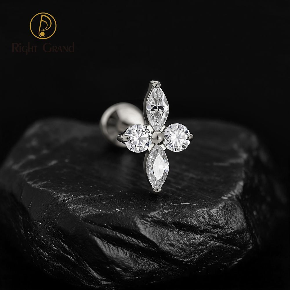 Right Grand Titanium 16G/18G Threadless Push Pin Prong Set CZ Flower Marquise Stud Earring Tragus Helix Cartilage Piercing