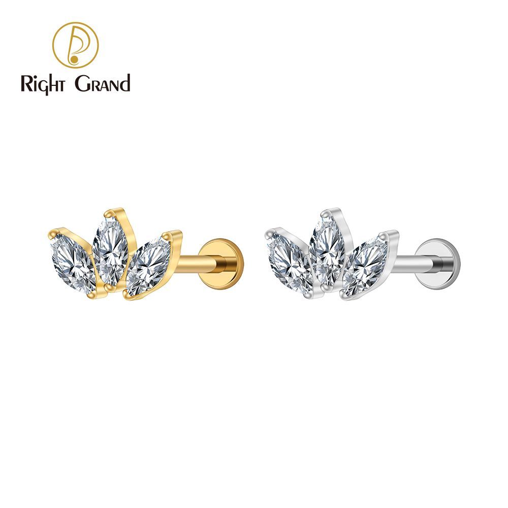 Right Grand Titanium 16G/18G Threadless Push Pin Triple Marquise CZ Stud Earring 16G Trinity Lotus Opal Cluster Cartilage Helix Tragus Piercing