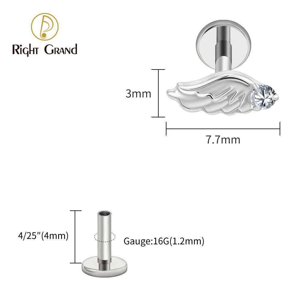 Right Grand Titanium Internal Thread CZ Wing Labret Ring 16G Flat Back Cartilage Stud Earring Conch Helix Lip Piercing Jewelry