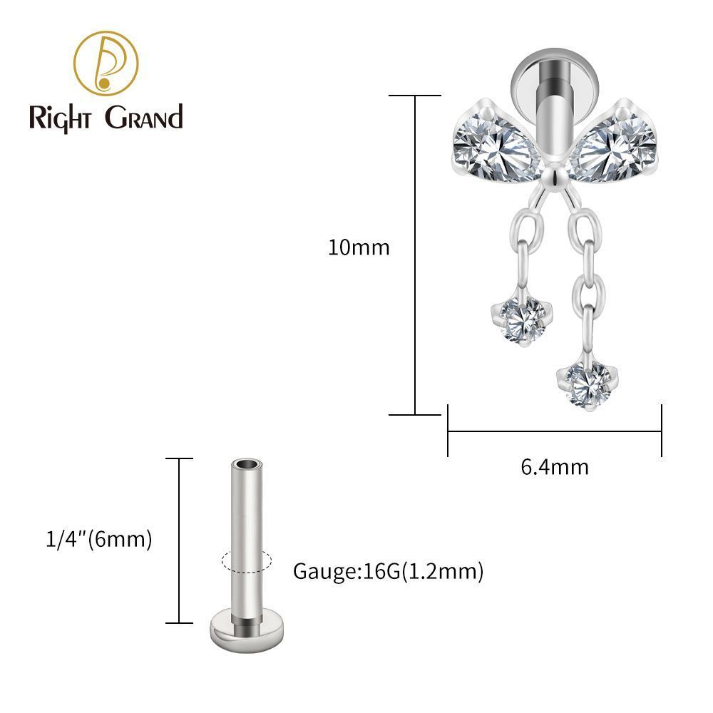 Right Grand Titanium 16G/18G Threadless Push Pin Bowknot CZ Dangle Chain Labret Ring 16G Flat Back Cartilage Stud Earring Conch Helix Lip Piercing Jewelry