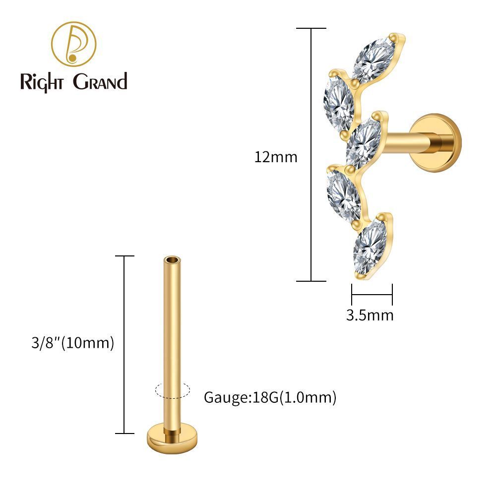 Right Grand Titanium 16G/18G Threadless Push Pin 5 Marquise CZ Labret Stud Helix Conch Cartilage Tragus Flat Back Piercing