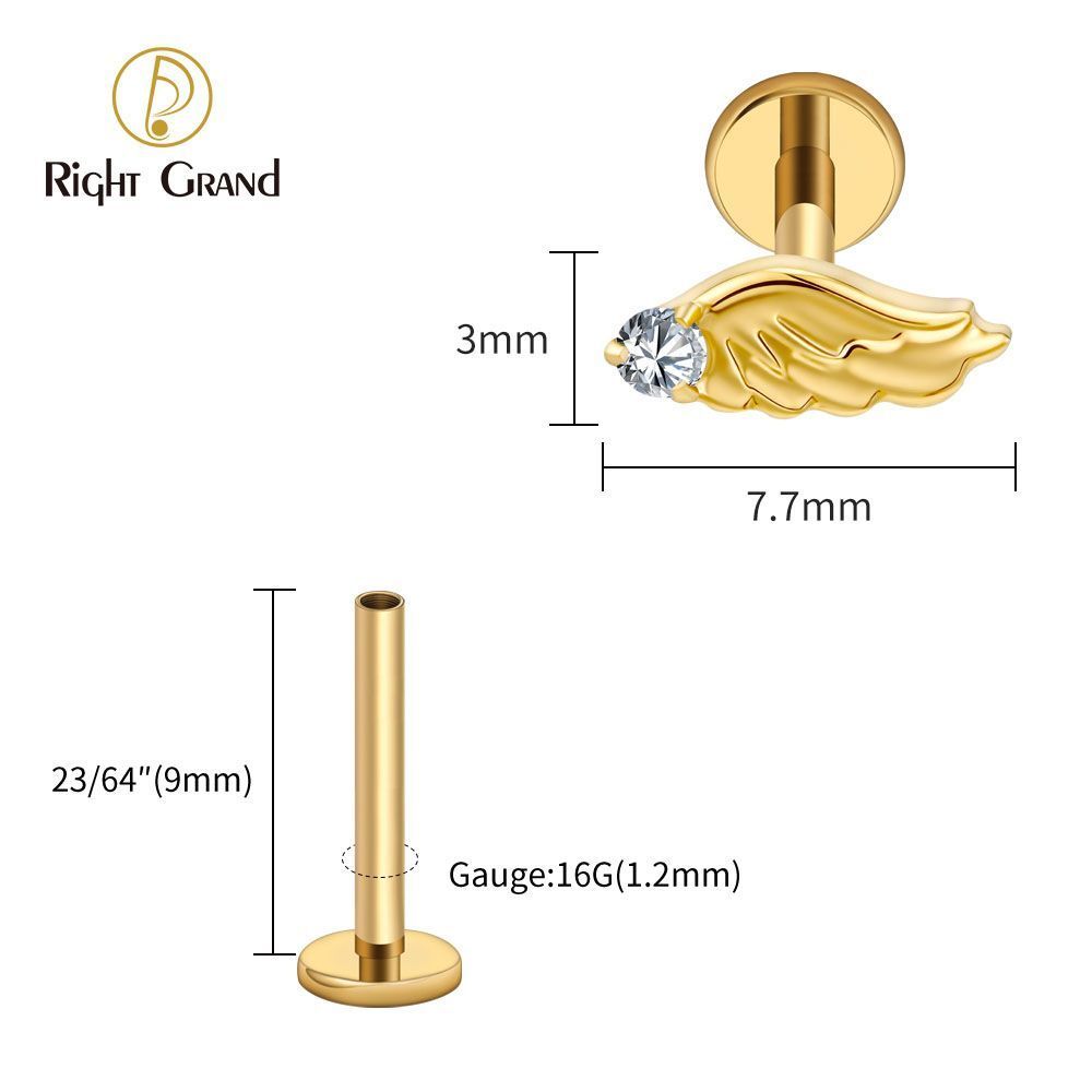 Right Grand Titanium Internal Thread CZ Wing Labret Ring 16G Flat Back Cartilage Stud Earring Conch Helix Lip Piercing Jewelry