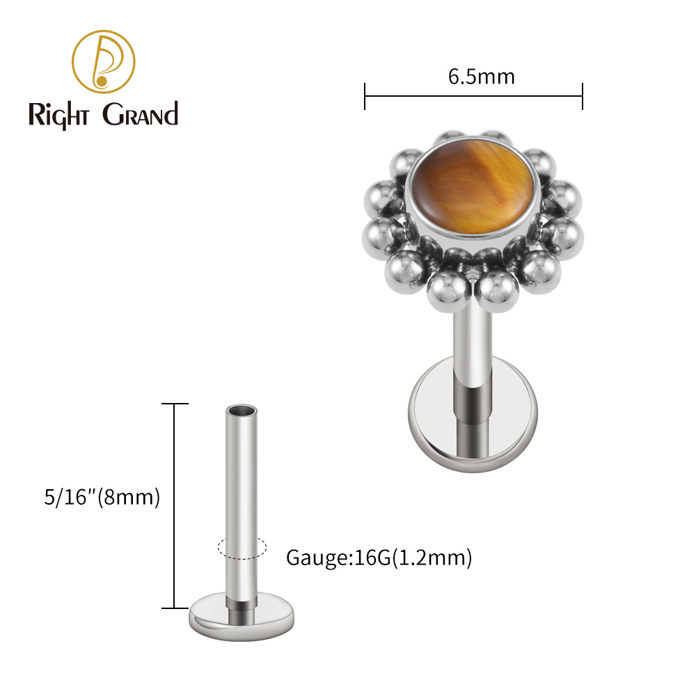 Right Grand ASTM F136 Titanium 16G Flower Labret Stud Earring with Natural Stone Helix Cartilage Tragus Conch Piercing