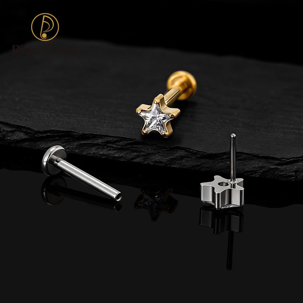 Right Grand Titanium 16G/18G Threadless Push Pin Star CZ Flat Back Stud Earring 16G Helix Tragus Cartilage Lip Piercing