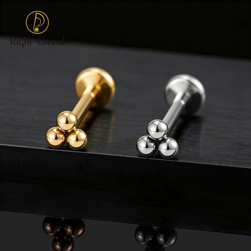 Right Grand Titanium 18G/16G Threadless Push Pin Labret Stud Trinity Beads Tragus Piercing Labret Studs