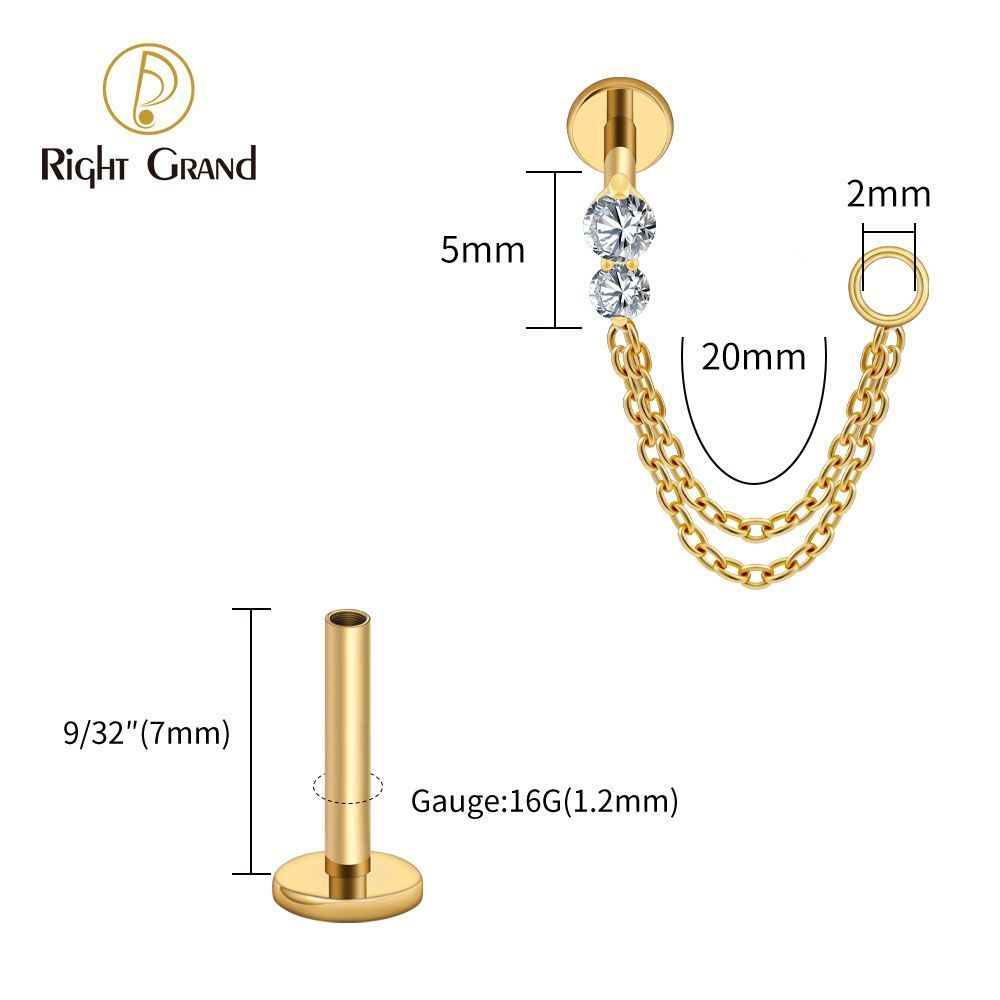 Right Grand Titanium Internal Thread CZ Double Chain Connect Ring Labret Ring 16G Flat Back Cartilage Stud Earring Conch Helix Lip Piercing Jewelry